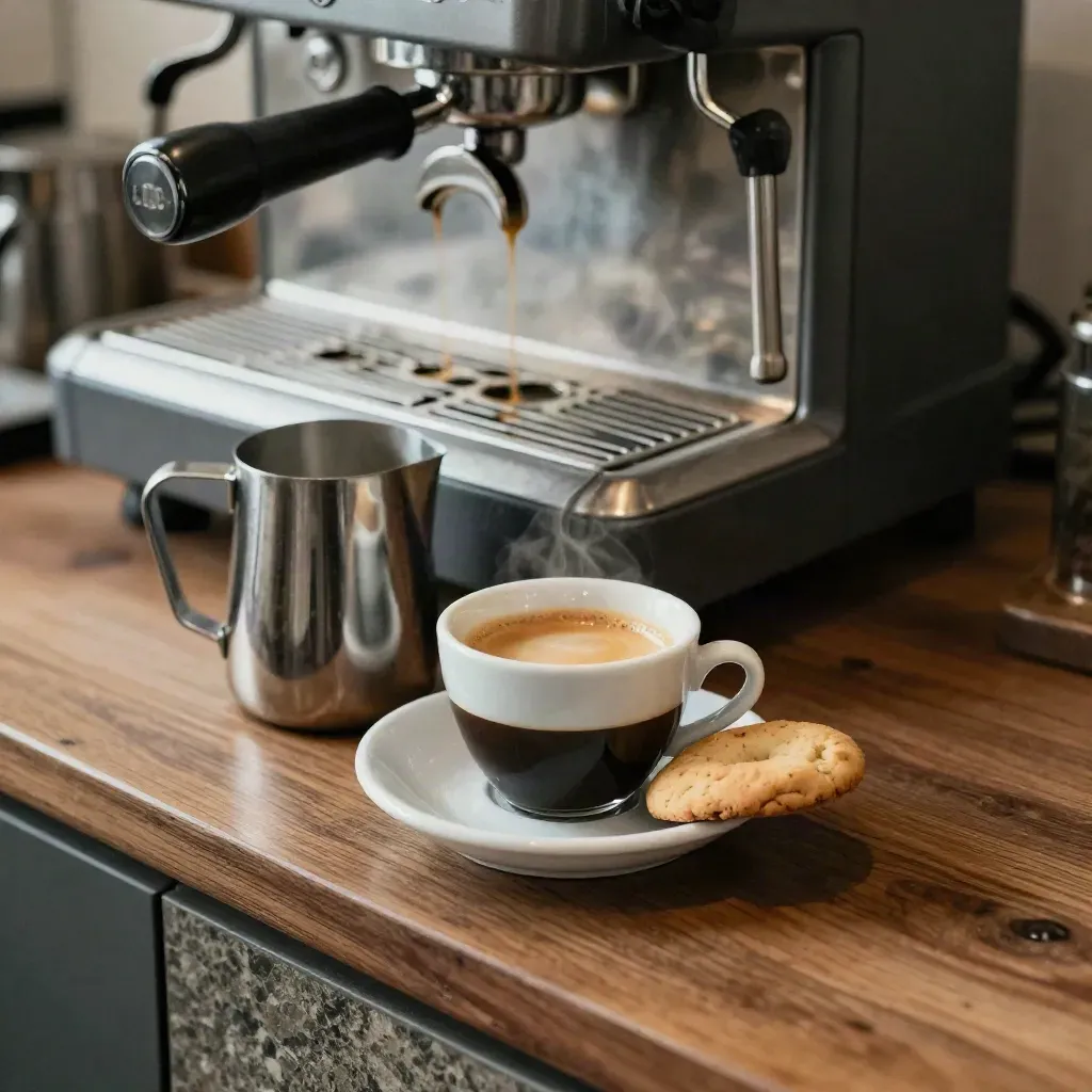 Espresso doppio in tazzina con macchina, bricco latte e biscotto sul bancone.