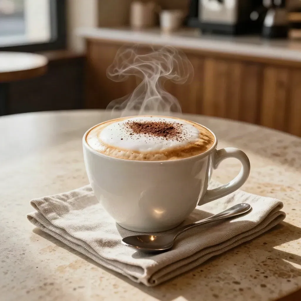 Cappuccino caldo con cacao leggero, cucchiaino e tovagliolo di lino su tavolo in travertino.