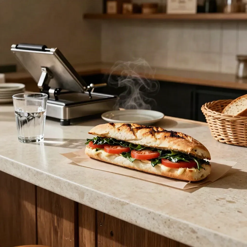 Panino caldo tagliato in diagonale su banco bistro con bicchiere d’acqua e vapore