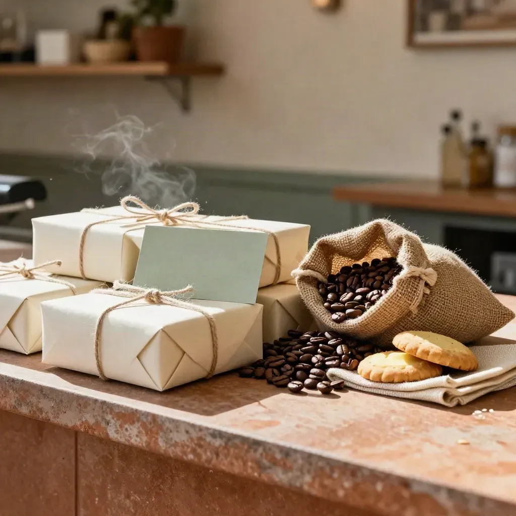 Box regalo chiusi con sacchetto di grani, biscotti e spago su bancone caldo di caffetteria.