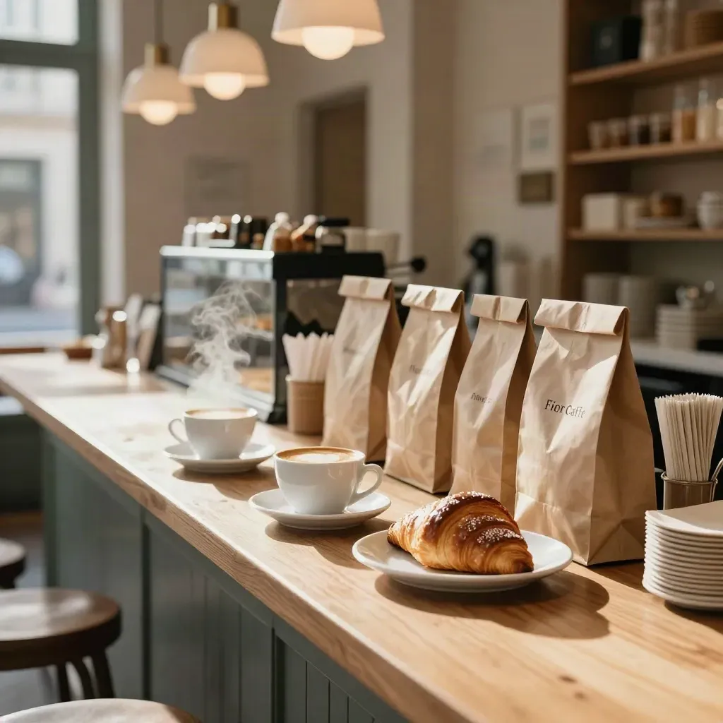 Banco colazione con cappuccini, brioche e sacchetti takeaway, luce d'alba calda.