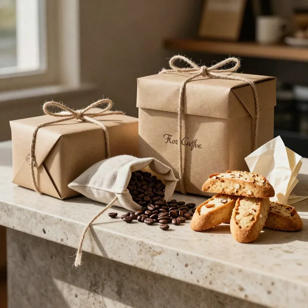 Scatole regalo con caffè in grani e biscotti su consolle in pietra