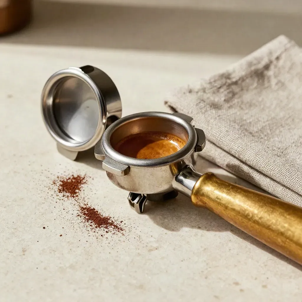 Macro degli strumenti del bar: tamper in ottone, portafiltro e panno di lino su travertino.